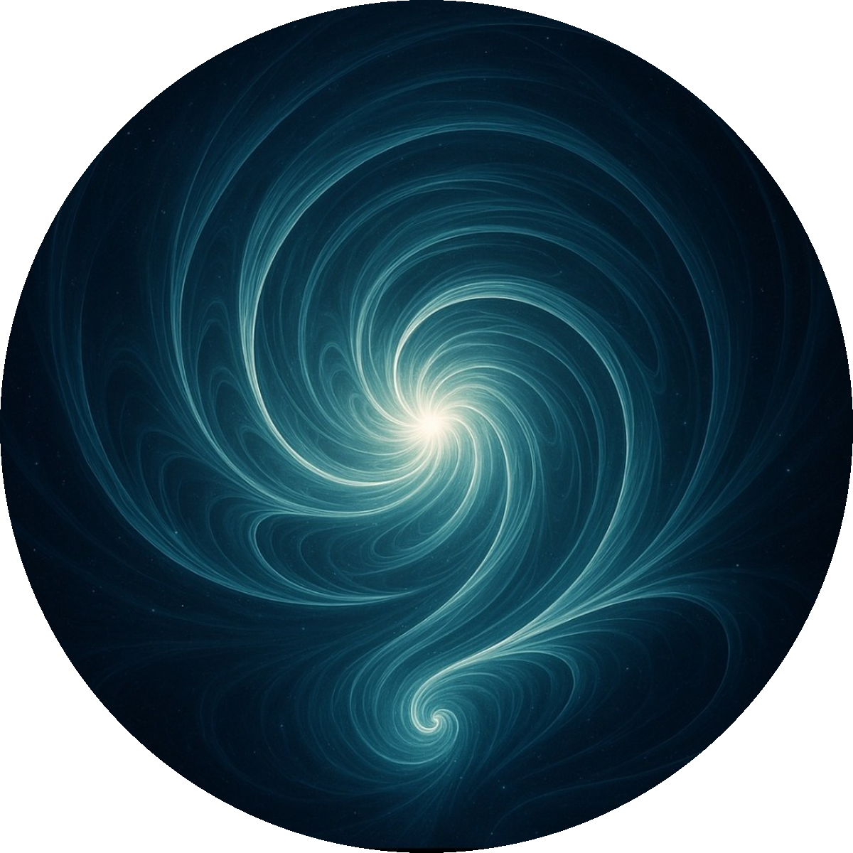 Circular blue teal spiral energy signature artwork